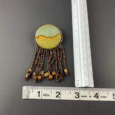-230- COSTUME JEWELRY | Amber Plastic Bead & Rhinestone Necklace | Beaded Leather Back Pin