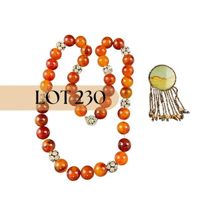 -230- COSTUME JEWELRY | Amber Plastic Bead & Rhinestone Necklace | Beaded Leather Back Pin