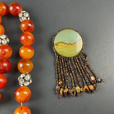 -230- COSTUME JEWELRY | Amber Plastic Bead & Rhinestone Necklace | Beaded Leather Back Pin
