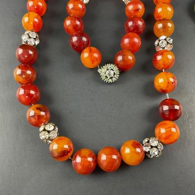 -230- COSTUME JEWELRY | Amber Plastic Bead & Rhinestone Necklace | Beaded Leather Back Pin