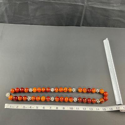 -230- COSTUME JEWELRY | Amber Plastic Bead & Rhinestone Necklace | Beaded Leather Back Pin