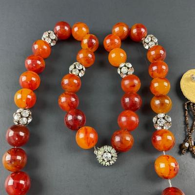 -230- COSTUME JEWELRY | Amber Plastic Bead & Rhinestone Necklace | Beaded Leather Back Pin