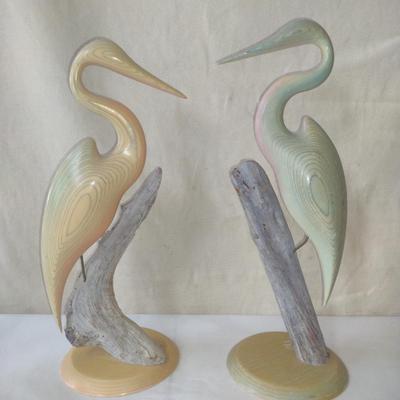 Pair of Carved Wooden Crane Design Figures- Signed by Artist