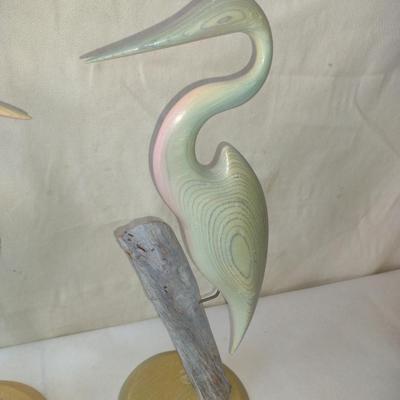 Pair of Carved Wooden Crane Design Figures- Signed by Artist