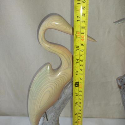 Pair of Carved Wooden Crane Design Figures- Signed by Artist