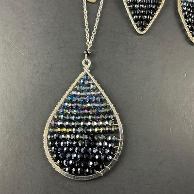 -231- COSTUME JEWELRY | Blue Beaded Necklace and Earrings Set | Marked
