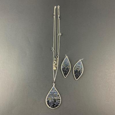 -231- COSTUME JEWELRY | Blue Beaded Necklace and Earrings Set | Marked