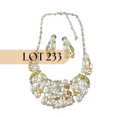 -233- B&W | Pearl Like Beaded & Rhinestone Necklace & Earrings Set | Marked