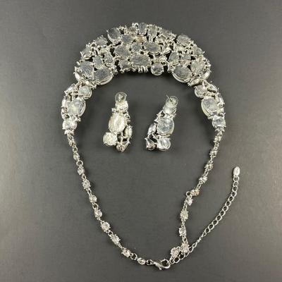 -233- B&W | Pearl Like Beaded & Rhinestone Necklace & Earrings Set | Marked
