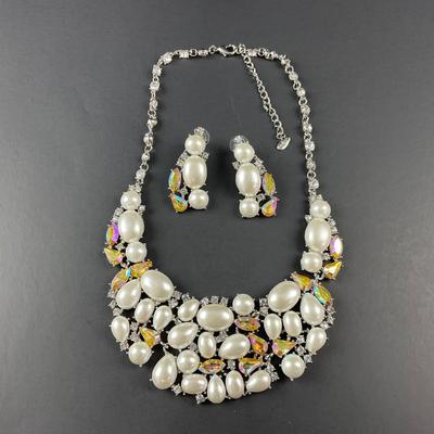 -233- B&W | Pearl Like Beaded & Rhinestone Necklace & Earrings Set | Marked