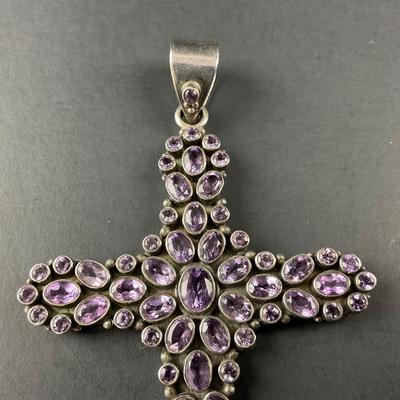 -235- SILVER | 925 Sterling & Amethyst Cross Pendant | Marked