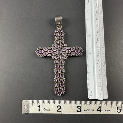 -235- SILVER | 925 Sterling & Amethyst Cross Pendant | Marked