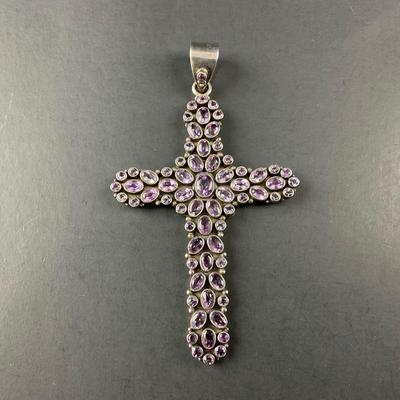 -235- SILVER | 925 Sterling & Amethyst Cross Pendant | Marked