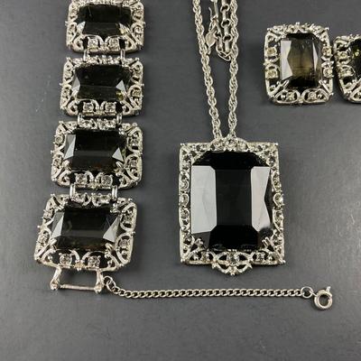 -237- SARAH COVENTRY | Black Stone Pendant, Bracelet, & Earrings Set | Marked