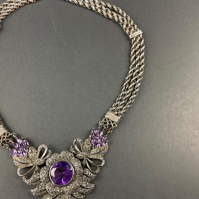-241- SILVER | 925 Sterling Silver & Amethyst Stone Necklace | Marked