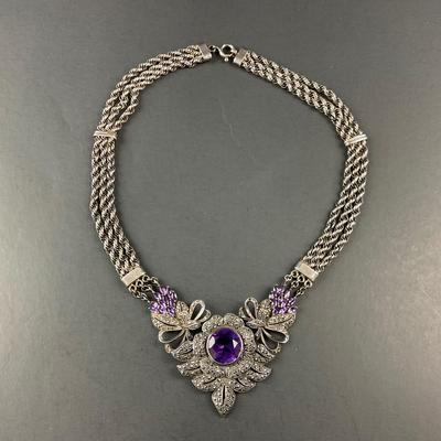 -241- SILVER | 925 Sterling Silver & Amethyst Stone Necklace | Marked