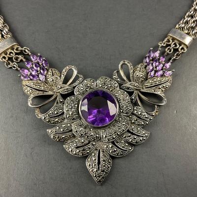 -241- SILVER | 925 Sterling Silver & Amethyst Stone Necklace | Marked