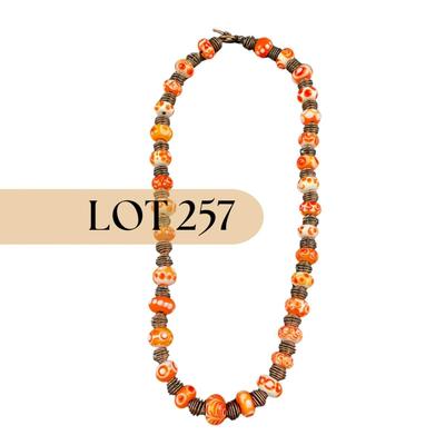 -257- ARTISAN | Orange, White, Red, Dot Donut Glass Bead & Copper Art Necklace