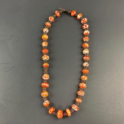 -257- ARTISAN | Orange, White, Red, Dot Donut Glass Bead & Copper Art Necklace