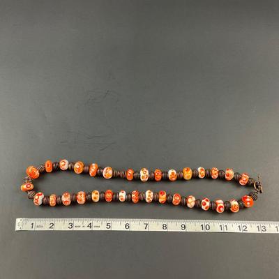 -257- ARTISAN | Orange, White, Red, Dot Donut Glass Bead & Copper Art Necklace