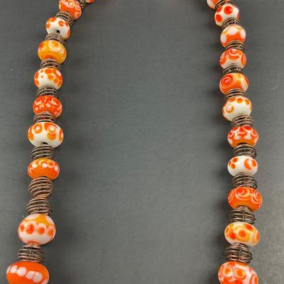 -257- ARTISAN | Orange, White, Red, Dot Donut Glass Bead & Copper Art Necklace