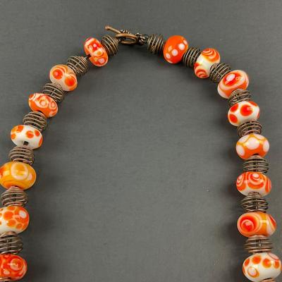 -257- ARTISAN | Orange, White, Red, Dot Donut Glass Bead & Copper Art Necklace