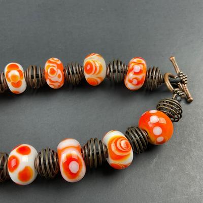 -257- ARTISAN | Orange, White, Red, Dot Donut Glass Bead & Copper Art Necklace