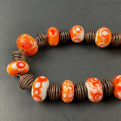 -257- ARTISAN | Orange, White, Red, Dot Donut Glass Bead & Copper Art Necklace