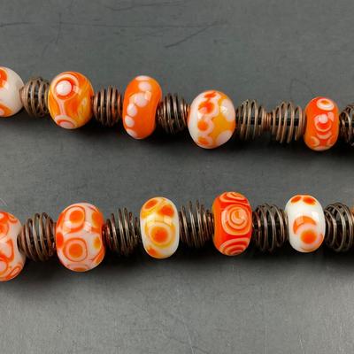 -257- ARTISAN | Orange, White, Red, Dot Donut Glass Bead & Copper Art Necklace
