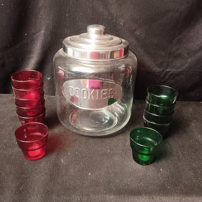 LARGE GLASS COOKIE JAR AND GLASS CUPS