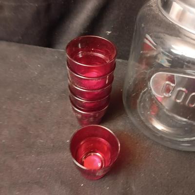 LARGE GLASS COOKIE JAR AND GLASS CUPS