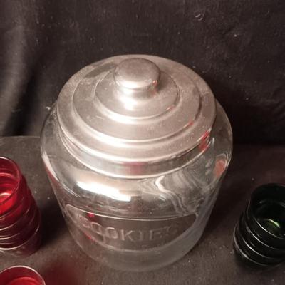 LARGE GLASS COOKIE JAR AND GLASS CUPS