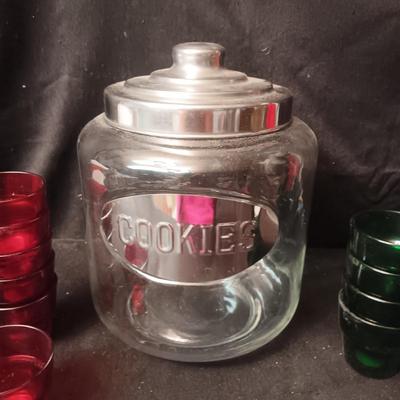 LARGE GLASS COOKIE JAR AND GLASS CUPS