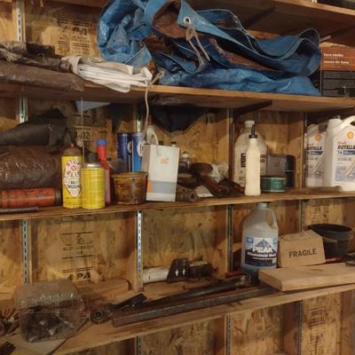 Assortment of Shop Accessories and Oil (Shelves not included)
