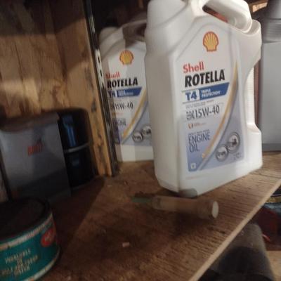 Assortment of Shop Accessories and Oil (Shelves not included)
