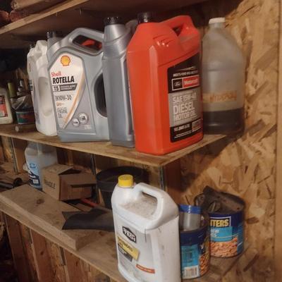 Assortment of Shop Accessories and Oil (Shelves not included)