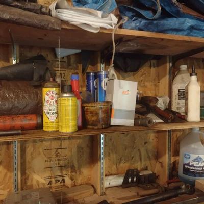 Assortment of Shop Accessories and Oil (Shelves not included)