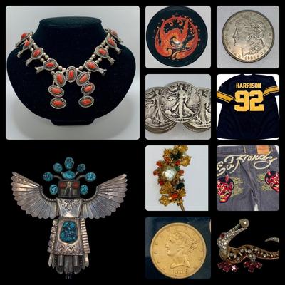 Native American Pawn Silver and Coral Squash Blossom Necklace