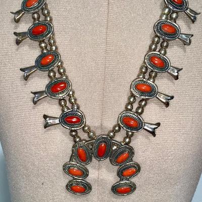 Native American Pawn Silver and Coral Squash Blossom Necklace