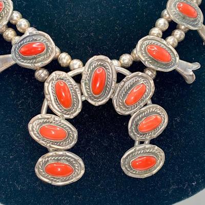 Native American Pawn Silver and Coral Squash Blossom Necklace