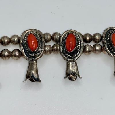 Native American Pawn Silver and Coral Squash Blossom Necklace