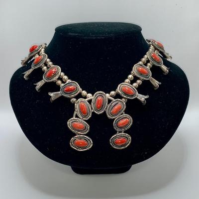 Native American Pawn Silver and Coral Squash Blossom Necklace