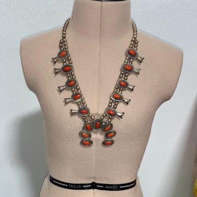 Native American Pawn Silver and Coral Squash Blossom Necklace