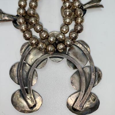 Native American Pawn Silver and Coral Squash Blossom Necklace