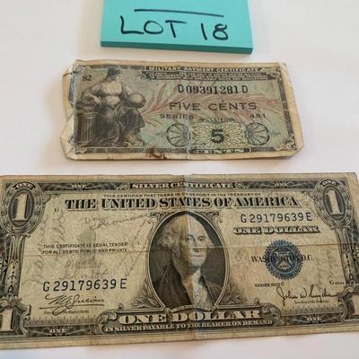 Vintage Currency Lot 1935C Silver Cert & 5 Cent Military Payment Cert