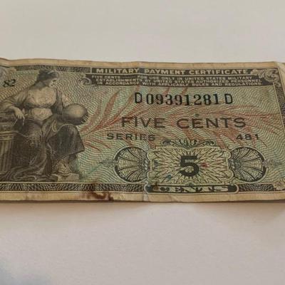 Vintage Currency Lot 1935C Silver Cert & 5 Cent Military Payment Cert