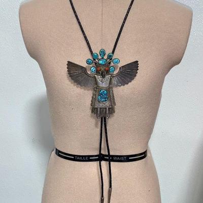 Large Pawn Silver, Turquoise, and Coral Eagle Dancer Bolo Tie
