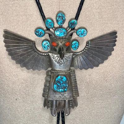 Large Pawn Silver, Turquoise, and Coral Eagle Dancer Bolo Tie