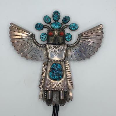 Large Pawn Silver, Turquoise, and Coral Eagle Dancer Bolo Tie