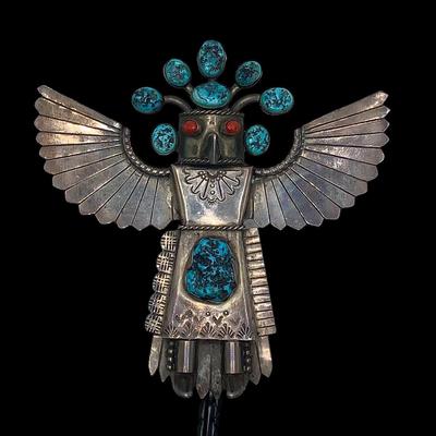 Large Pawn Silver, Turquoise, and Coral Eagle Dancer Bolo Tie